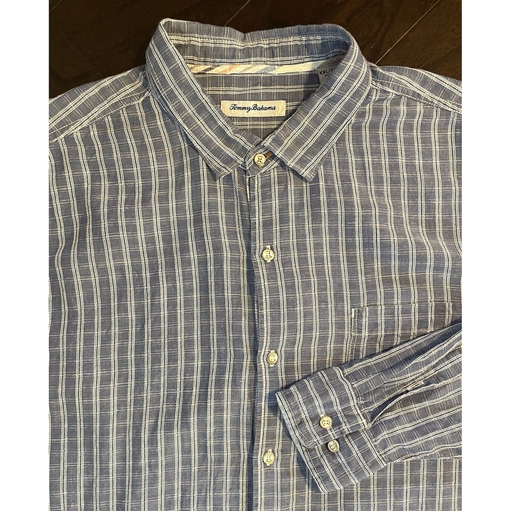 Tommy Bahama Button Down Shirt XXL Blue Striped Linen Blend Long Sleeve Vacation